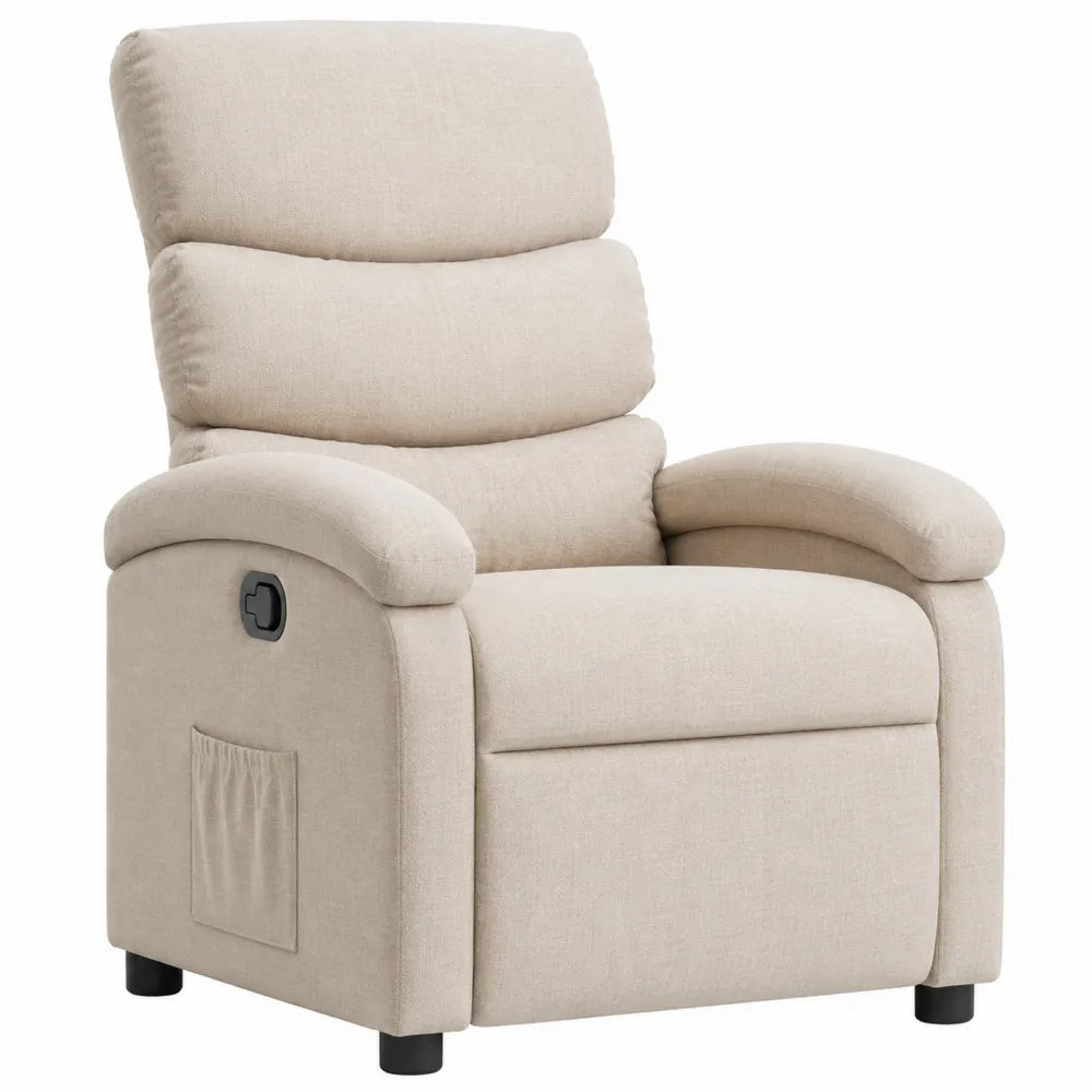 Poltrona reclinabile in tessuto beige con tasca laterale