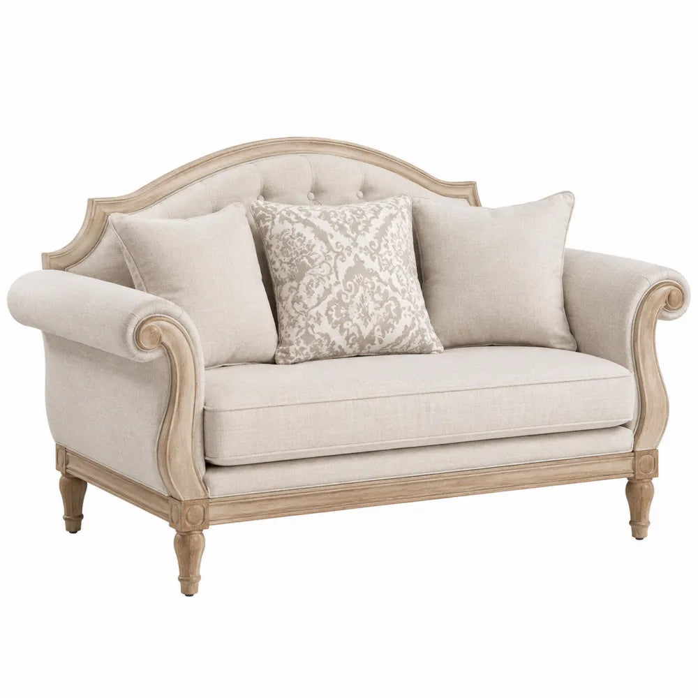 Divano due posti in legno e lino con cuscini, beige