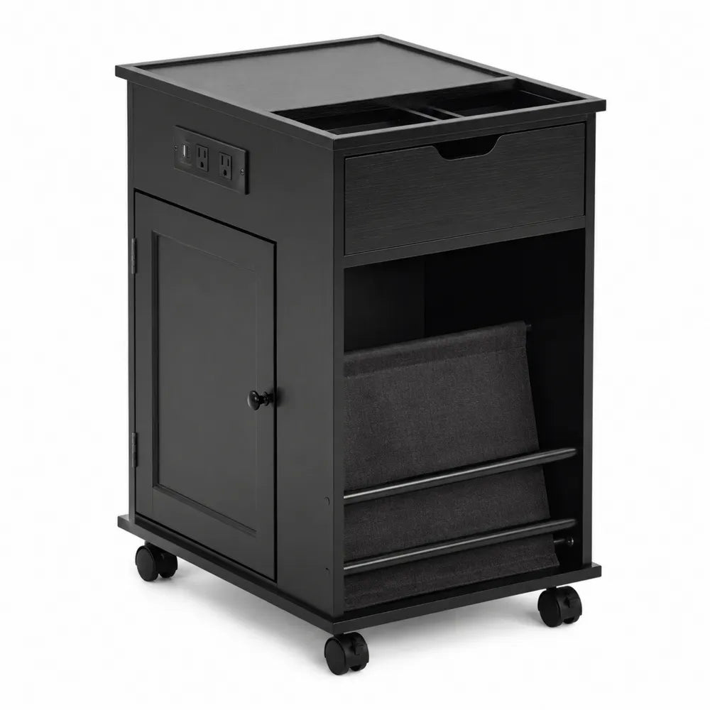 Carrello contenitore in legno e metallo nero con cassetto e prese elettriche