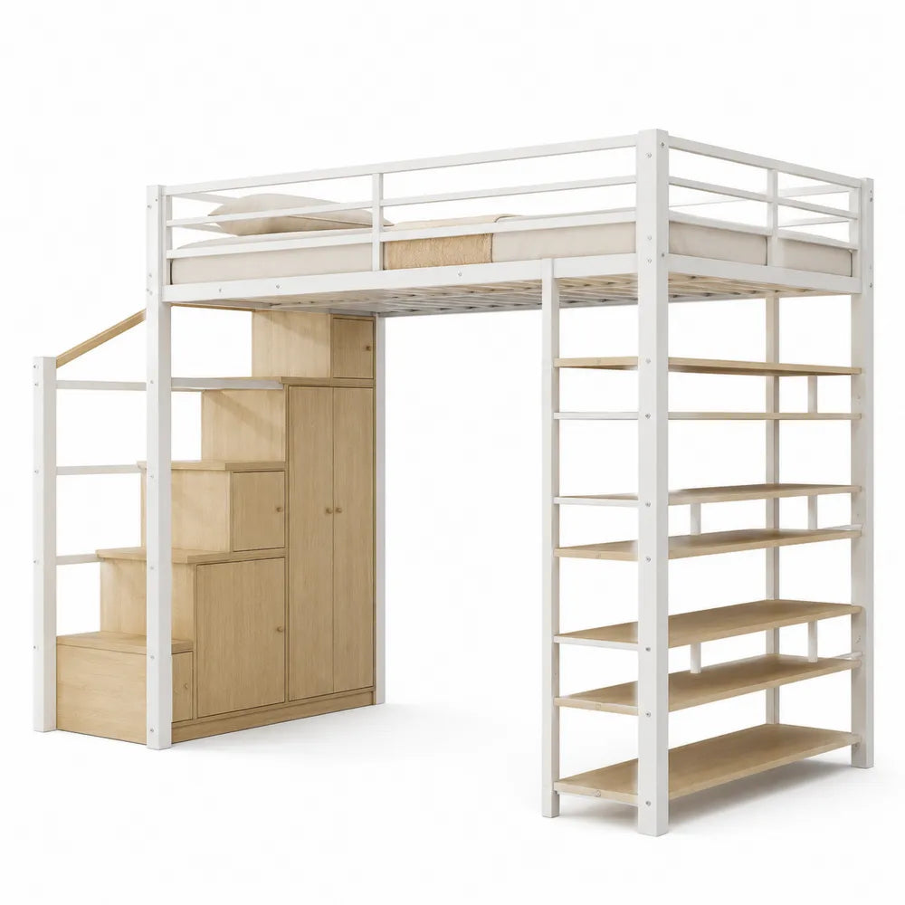Letto a Soppalco con Scala, Scaffale e Armadio in Legno e Metallo Bianco