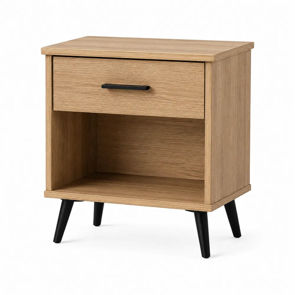 Comodino in legno MDF rovere chiaro con cassetto e ripiano