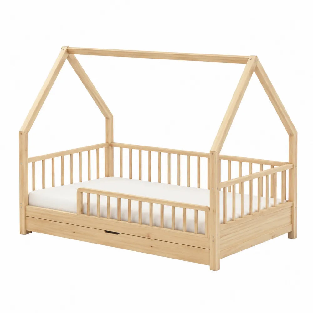 Letto per bambini a casetta in legno di pino con cassetto 80x160 cm