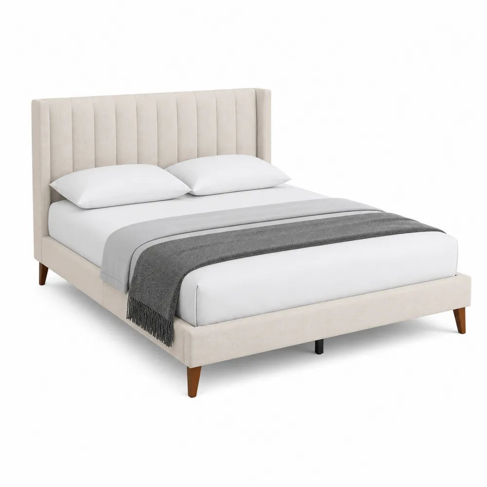 Letto matrimoniale in legno e tessuto beige 160x200 cm
