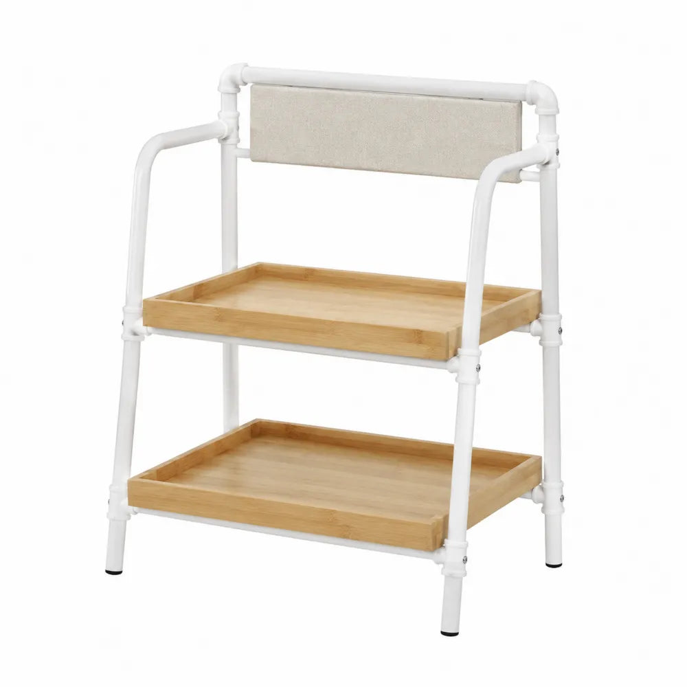 Scaffale a 2 ripiani in bambù e metallo bianco con schienale in tessuto 45x25x60 cm