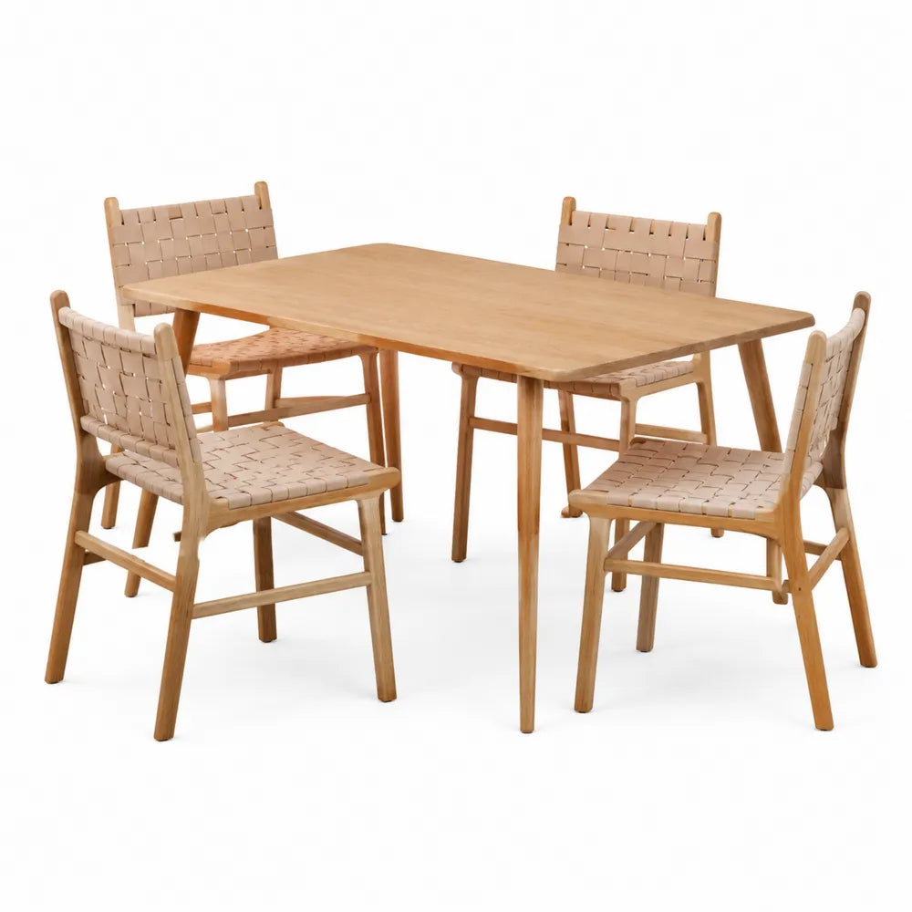 Set Tavolo da Pranzo in Legno di Faggio con 4 Sedie in Tessuto Intrecciato