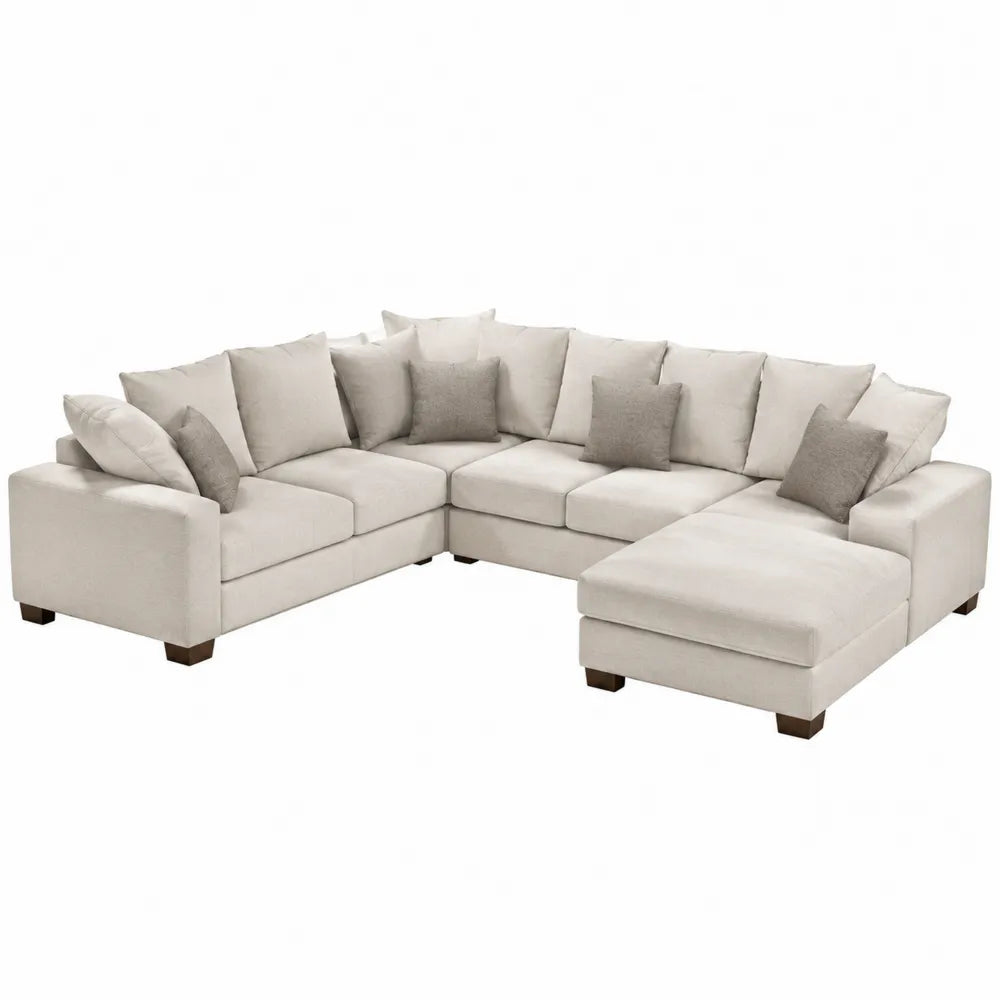 Divano angolare modulare in tessuto beige e grigio con cuscini