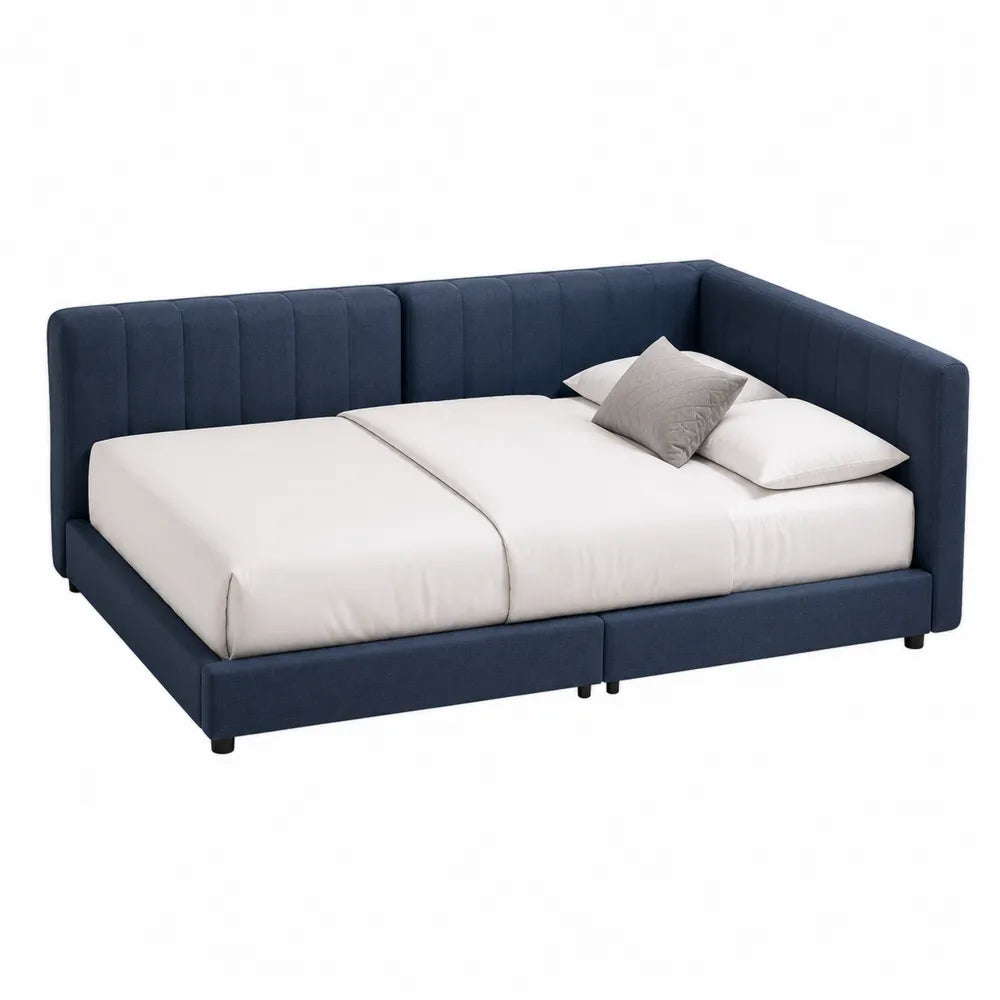 Divano letto angolare in tessuto blu con materasso