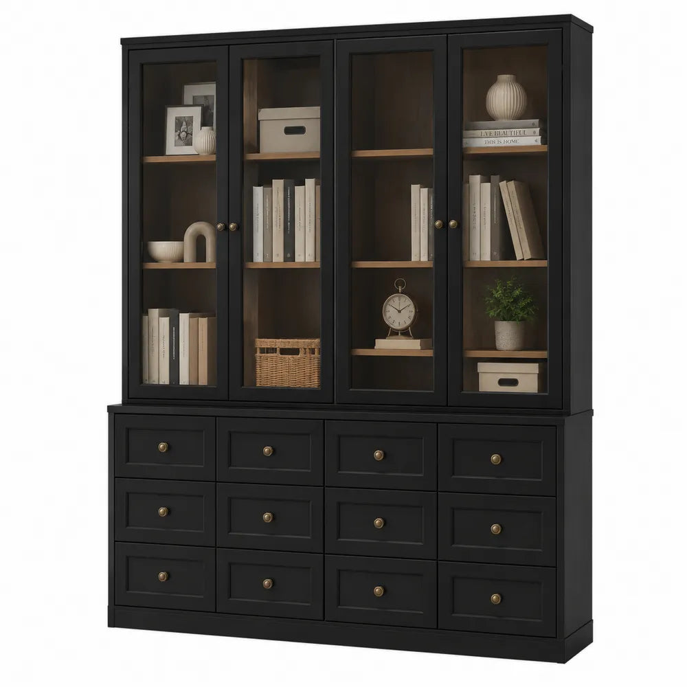 Libreria in legno con ante in vetro temperato e cassetti nera 120x40x200 cm