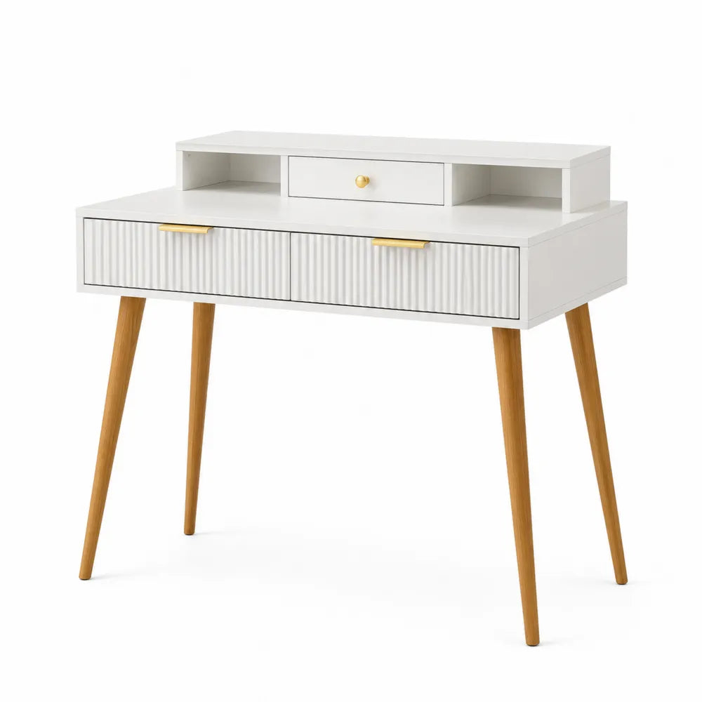 Tavolino da trucco in MDF e gambe in legno di rovere bianco