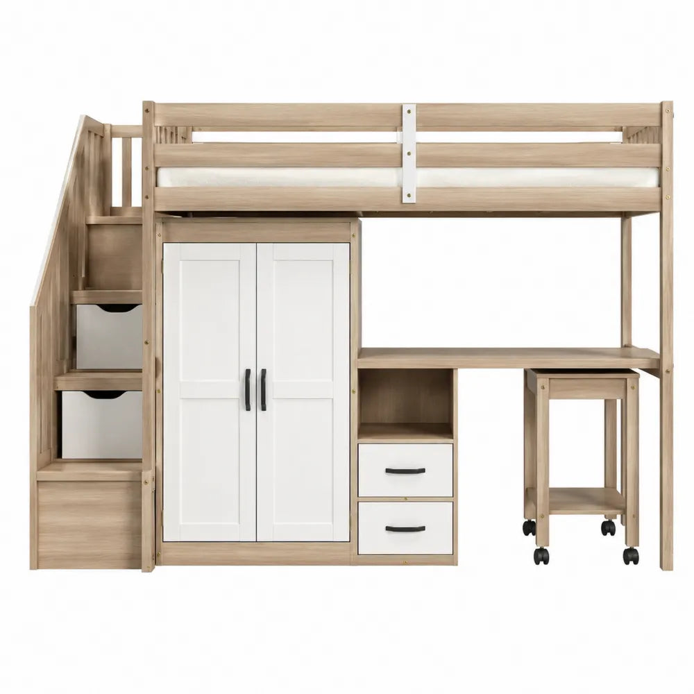 Letto a soppalco con armadio e scrivania in legno e MDF bianco