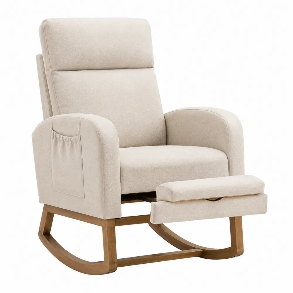 Poltrona a dondolo in legno e tessuto beige con poggiapiedi regolabile