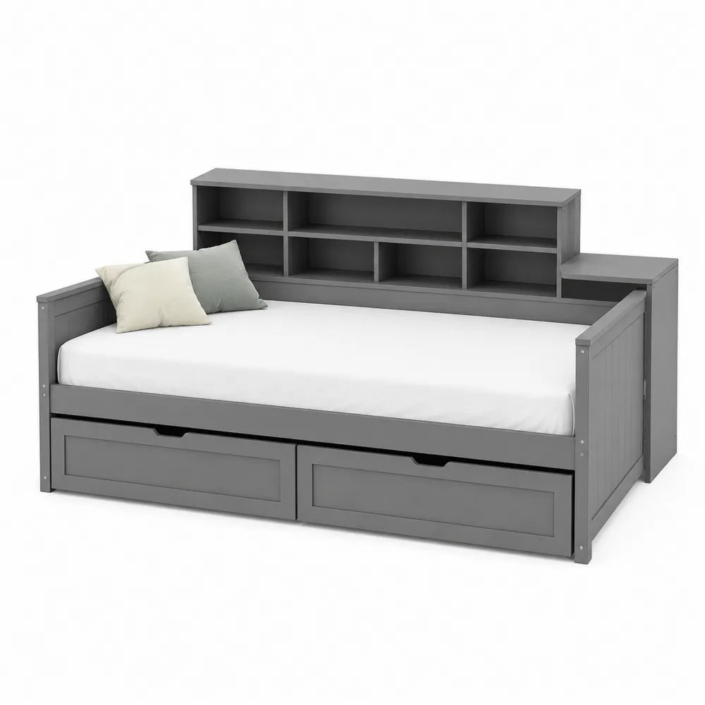 Letto multifunzionale in legno grigio con cassetti e scaffali