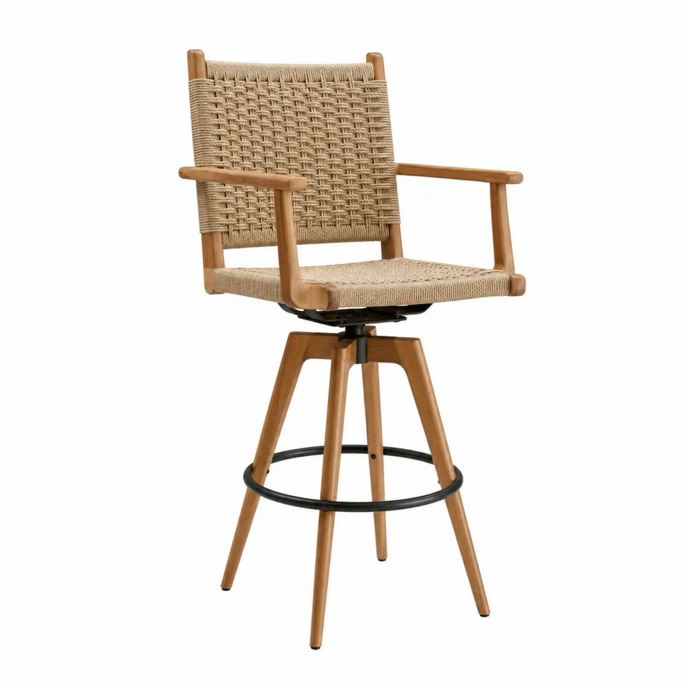 Sgabello girevole in legno e rattan sintetico con braccioli