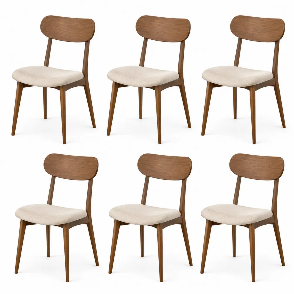 Set di 6 Sedie da Pranzo in Legno di Noce e Tessuto Beige